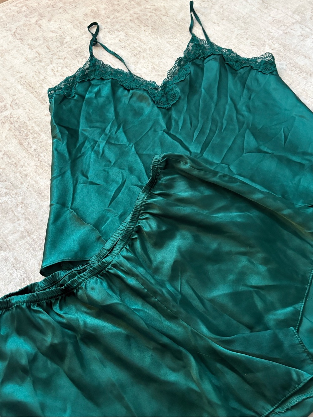 Linea Donatella Emerald Green Satin Lace-Trim Camisole & Shorts Set - Picture 2 of 5